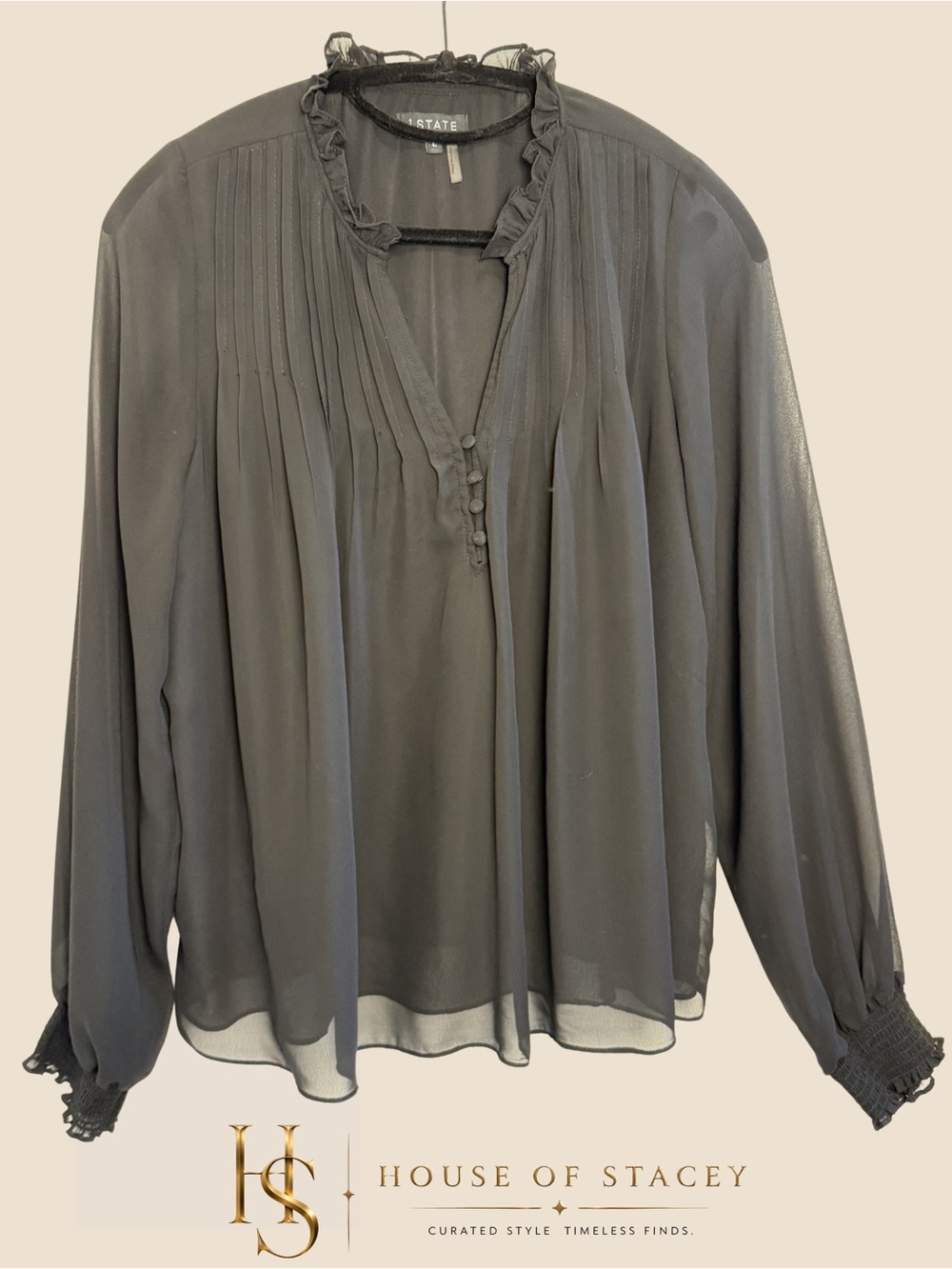State Sheer Pintuck Ruffle V-Neck Blouse in Black